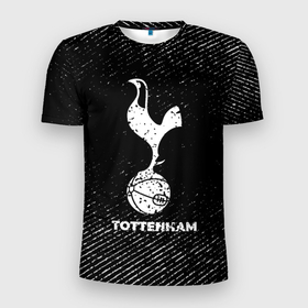Мужская футболка 3D Slim с принтом Tottenham с потертостями на темном фоне , 100% полиэстер с улучшенными характеристиками | приталенный силуэт, круглая горловина, широкие плечи, сужается к линии бедра | 