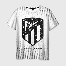 Мужская футболка 3D с принтом Atletico Madrid с потертостями на светлом фоне в Петрозаводске, 100% полиэфир | прямой крой, круглый вырез горловины, длина до линии бедер | 