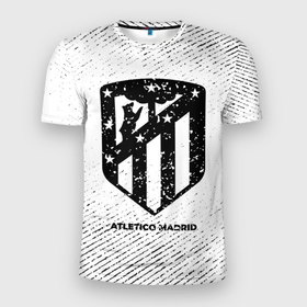 Мужская футболка 3D Slim с принтом Atletico Madrid с потертостями на светлом фоне в Петрозаводске, 100% полиэстер с улучшенными характеристиками | приталенный силуэт, круглая горловина, широкие плечи, сужается к линии бедра | 