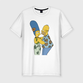 Мужская футболка хлопок Slim с принтом Гомер Симпсон танцует со своей женой Мардж , 92% хлопок, 8% лайкра | приталенный силуэт, круглый вырез ворота, длина до линии бедра, короткий рукав | Тематика изображения на принте: 