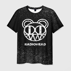 Мужская футболка 3D с принтом Radiohead с потертостями на темном фоне в Тюмени, 100% полиэфир | прямой крой, круглый вырез горловины, длина до линии бедер | 
