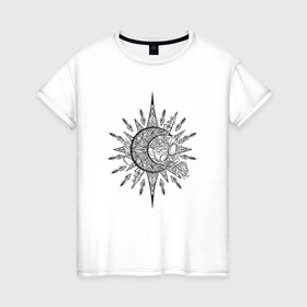 Женская футболка хлопок с принтом черно   белый рисунок луны и цветов , 100% хлопок | прямой крой, круглый вырез горловины, длина до линии бедер, слегка спущенное плечо | 