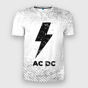 Мужская футболка 3D Slim с принтом AC DC с потертостями на светлом фоне в городе Новоалтайск, 100% полиэстер с улучшенными характеристиками | приталенный силуэт, круглая горловина, широкие плечи, сужается к линии бедра | 