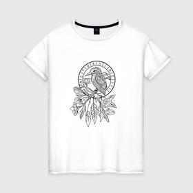 Женская футболка хлопок с принтом иллюстрация птицы, сидящей на ветке в Белгороде, 100% хлопок | прямой крой, круглый вырез горловины, длина до линии бедер, слегка спущенное плечо | 