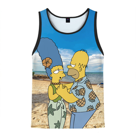 Мужская майка 3D с принтом Гомер Симпсон танцует с Мардж на пляже в Курске, 100% полиэстер | круглая горловина, приталенный силуэт, длина до линии бедра. Пройма и горловина окантованы тонкой бейкой | 