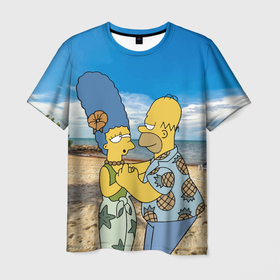 Мужская футболка 3D с принтом Гомер Симпсон танцует с Мардж на пляже , 100% полиэфир | прямой крой, круглый вырез горловины, длина до линии бедер | 