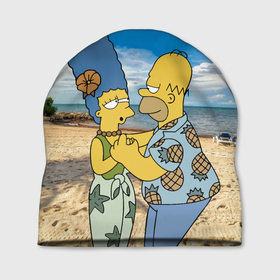 Шапка 3D с принтом Гомер Симпсон танцует с Мардж на пляже в Санкт-Петербурге, 100% полиэстер | универсальный размер, печать по всей поверхности изделия | Тематика изображения на принте: 