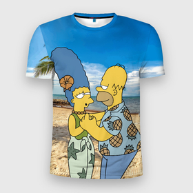 Мужская футболка 3D Slim с принтом Гомер Симпсон танцует с Мардж на пляже в Санкт-Петербурге, 100% полиэстер с улучшенными характеристиками | приталенный силуэт, круглая горловина, широкие плечи, сужается к линии бедра | Тематика изображения на принте: 