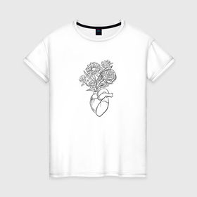 Женская футболка хлопок с принтом черно   белая иллюстрация цветов и сердца в Екатеринбурге, 100% хлопок | прямой крой, круглый вырез горловины, длина до линии бедер, слегка спущенное плечо | 