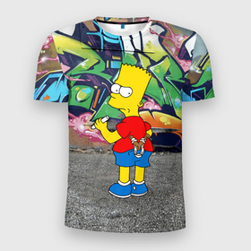 Мужская футболка 3D Slim с принтом Хулиган Барт Симпсон на фоне стены с граффити , 100% полиэстер с улучшенными характеристиками | приталенный силуэт, круглая горловина, широкие плечи, сужается к линии бедра | 