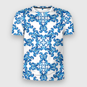 Мужская футболка 3D Slim с принтом Гжель рисунок цветы в Петрозаводске, 100% полиэстер с улучшенными характеристиками | приталенный силуэт, круглая горловина, широкие плечи, сужается к линии бедра | Тематика изображения на принте: 