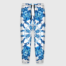 Мужские брюки 3D с принтом Гжель синий цветок в Санкт-Петербурге, 100% полиэстер | манжеты по низу, эластичный пояс регулируется шнурком, по бокам два кармана без застежек, внутренняя часть кармана из мелкой сетки | 