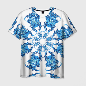 Мужская футболка 3D с принтом Гжель синий цветок в Петрозаводске, 100% полиэфир | прямой крой, круглый вырез горловины, длина до линии бедер | Тематика изображения на принте: 