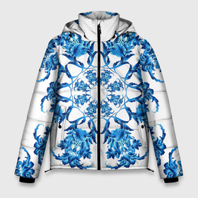 Мужская зимняя куртка 3D с принтом Гжель синий цветок в Санкт-Петербурге, верх — 100% полиэстер; подкладка — 100% полиэстер; утеплитель — 100% полиэстер | длина ниже бедра, свободный силуэт Оверсайз. Есть воротник-стойка, отстегивающийся капюшон и ветрозащитная планка. 

Боковые карманы с листочкой на кнопках и внутренний карман на молнии. | 
