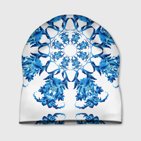 Шапка 3D с принтом Гжель синий цветок в Петрозаводске, 100% полиэстер | универсальный размер, печать по всей поверхности изделия | Тематика изображения на принте: 