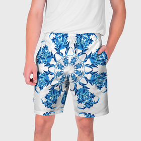Мужские шорты 3D с принтом Гжель синий цветок в Санкт-Петербурге,  полиэстер 100% | прямой крой, два кармана без застежек по бокам. Мягкая трикотажная резинка на поясе, внутри которой широкие завязки. Длина чуть выше колен | 