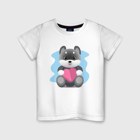 Детская футболка хлопок с принтом Забавный волчонок с сердечком , 100% хлопок | круглый вырез горловины, полуприлегающий силуэт, длина до линии бедер | 