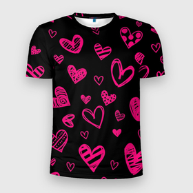Мужская футболка 3D Slim с принтом Розовые сердца в Белгороде, 100% полиэстер с улучшенными характеристиками | приталенный силуэт, круглая горловина, широкие плечи, сужается к линии бедра | 