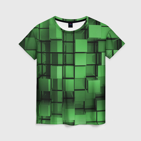 Женская футболка 3D с принтом Киберпанк броня   зелёные металлические кубы в Новосибирске, 100% полиэфир ( синтетическое хлопкоподобное полотно) | прямой крой, круглый вырез горловины, длина до линии бедер | 