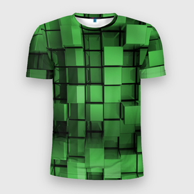 Мужская футболка 3D Slim с принтом Киберпанк броня   зелёные металлические кубы в Новосибирске, 100% полиэстер с улучшенными характеристиками | приталенный силуэт, круглая горловина, широкие плечи, сужается к линии бедра | 
