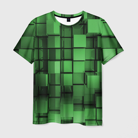 Мужская футболка 3D с принтом Киберпанк броня   зелёные металлические кубы в Петрозаводске, 100% полиэфир | прямой крой, круглый вырез горловины, длина до линии бедер | 