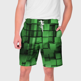 Мужские шорты 3D с принтом Киберпанк броня   зелёные металлические кубы в Екатеринбурге,  полиэстер 100% | прямой крой, два кармана без застежек по бокам. Мягкая трикотажная резинка на поясе, внутри которой широкие завязки. Длина чуть выше колен | 