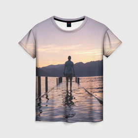 Женская футболка 3D с принтом Парень на затопленном пирсе в Санкт-Петербурге, 100% полиэфир ( синтетическое хлопкоподобное полотно) | прямой крой, круглый вырез горловины, длина до линии бедер | 