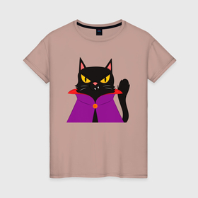 Женская футболка хлопок с принтом Чёрный котик волшебник в Белгороде, 100% хлопок | прямой крой, круглый вырез горловины, длина до линии бедер, слегка спущенное плечо | Тематика изображения на принте: 