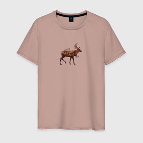 Мужская футболка хлопок с принтом Осенний лес в силуэте прогуливающегося оленя , 100% хлопок | прямой крой, круглый вырез горловины, длина до линии бедер, слегка спущенное плечо. | Тематика изображения на принте: 