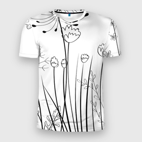 Мужская футболка 3D Slim с принтом Цветочный черно белый орнамент в Новосибирске, 100% полиэстер с улучшенными характеристиками | приталенный силуэт, круглая горловина, широкие плечи, сужается к линии бедра | 