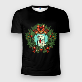 Мужская футболка 3D Slim с принтом Новый год венок и собака в Кировске, 100% полиэстер с улучшенными характеристиками | приталенный силуэт, круглая горловина, широкие плечи, сужается к линии бедра | Тематика изображения на принте: 