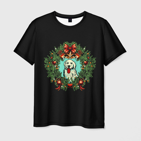 Мужская футболка 3D с принтом Новый год венок и собака в Кировске, 100% полиэфир | прямой крой, круглый вырез горловины, длина до линии бедер | Тематика изображения на принте: 