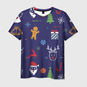 Мужская футболка 3D с принтом Новый год олени, ангелы, снежинки в Курске, 100% полиэфир | прямой крой, круглый вырез горловины, длина до линии бедер | 