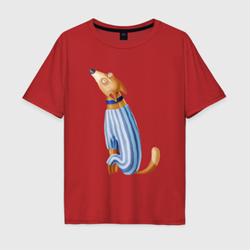 Мужская футболка хлопок Oversize с принтом Собачка в пижаме , 100% хлопок | свободный крой, круглый ворот, “спинка” длиннее передней части | 