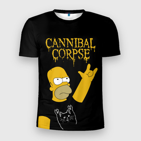 Мужская футболка 3D Slim с принтом Cannibal Corpse Симпсоны Гомер рокер в Санкт-Петербурге, 100% полиэстер с улучшенными характеристиками | приталенный силуэт, круглая горловина, широкие плечи, сужается к линии бедра | Тематика изображения на принте: 