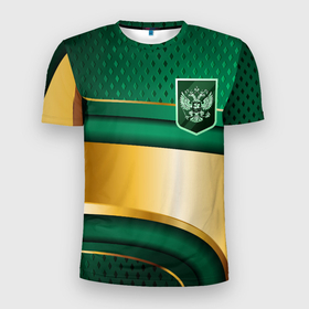 Мужская футболка 3D Slim с принтом Герб России на зеленой абстракции в Екатеринбурге, 100% полиэстер с улучшенными характеристиками | приталенный силуэт, круглая горловина, широкие плечи, сужается к линии бедра | 