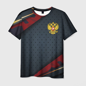 Мужская футболка 3D с принтом Герб России черно красный камуфляж в Новосибирске, 100% полиэфир | прямой крой, круглый вырез горловины, длина до линии бедер | 