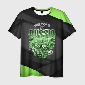 Мужская футболка 3D с принтом Welcome to Russia: Герб спортивный черно зеленый стиль в Курске, 100% полиэфир | прямой крой, круглый вырез горловины, длина до линии бедер | 