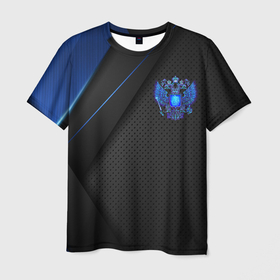 Мужская футболка 3D с принтом Черно синий герб России в Курске, 100% полиэфир | прямой крой, круглый вырез горловины, длина до линии бедер | 