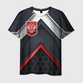Мужская футболка 3D с принтом Герб России на объемном фоне в Курске, 100% полиэфир | прямой крой, круглый вырез горловины, длина до линии бедер | 