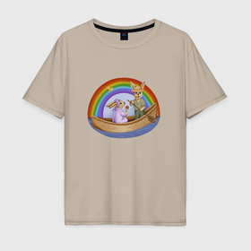 Мужская футболка хлопок Oversize с принтом Кролики на лодке под радугой , 100% хлопок | свободный крой, круглый ворот, “спинка” длиннее передней части | 