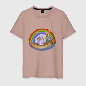 Мужская футболка хлопок с принтом Кролики на лодке под радугой , 100% хлопок | прямой крой, круглый вырез горловины, длина до линии бедер, слегка спущенное плечо. | 