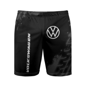 Мужские шорты спортивные с принтом Volkswagen speed на темном фоне со следами шин: надпись, символ ,  |  | 
