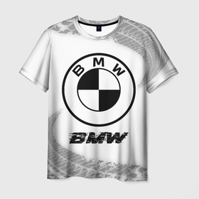 Мужская футболка 3D с принтом BMW speed на светлом фоне со следами шин в Курске, 100% полиэфир | прямой крой, круглый вырез горловины, длина до линии бедер | 