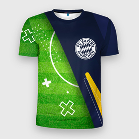 Мужская футболка 3D Slim с принтом Bayern football field в Тюмени, 100% полиэстер с улучшенными характеристиками | приталенный силуэт, круглая горловина, широкие плечи, сужается к линии бедра | 