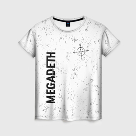 Женская футболка 3D с принтом Megadeth glitch на светлом фоне: надпись, символ в Санкт-Петербурге, 100% полиэфир ( синтетическое хлопкоподобное полотно) | прямой крой, круглый вырез горловины, длина до линии бедер | 