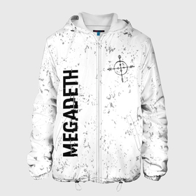 Мужская куртка 3D с принтом Megadeth glitch на светлом фоне: надпись, символ , ткань верха — 100% полиэстер, подклад — флис | прямой крой, подол и капюшон оформлены резинкой с фиксаторами, два кармана без застежек по бокам, один большой потайной карман на груди. Карман на груди застегивается на липучку | 