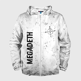 Мужская ветровка 3D с принтом Megadeth glitch на светлом фоне: надпись, символ в Кировске, 100% полиэстер | подол и капюшон оформлены резинкой с фиксаторами, два кармана без застежек по бокам, один потайной карман на груди | 