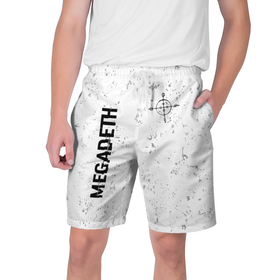 Мужские шорты 3D с принтом Megadeth glitch на светлом фоне: надпись, символ в Санкт-Петербурге,  полиэстер 100% | прямой крой, два кармана без застежек по бокам. Мягкая трикотажная резинка на поясе, внутри которой широкие завязки. Длина чуть выше колен | 