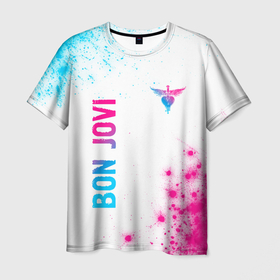 Мужская футболка 3D с принтом Bon Jovi neon gradient style: надпись, символ в Новосибирске, 100% полиэфир | прямой крой, круглый вырез горловины, длина до линии бедер | Тематика изображения на принте: 